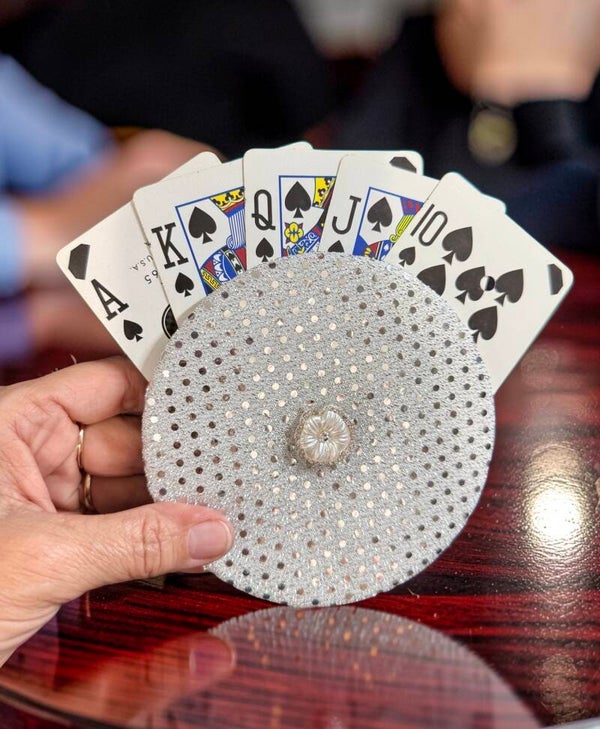 Vintage Silver Sequin Fabric Round Playing Card Holder Two Different Sides
