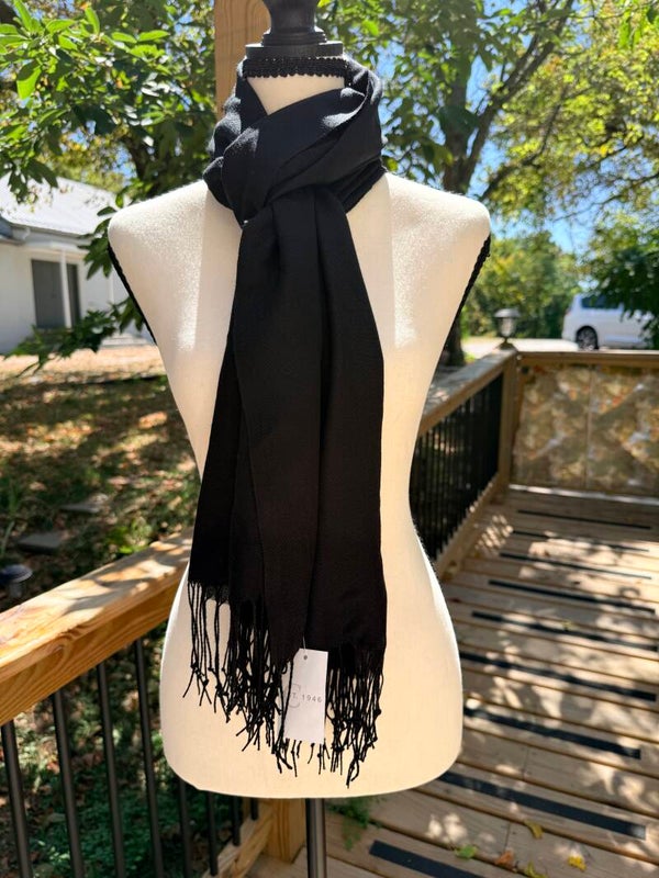EST. 1946 Women's Solid Black Pashmina-Style Wrap Scarf with Fringed Trim - NWT One Size