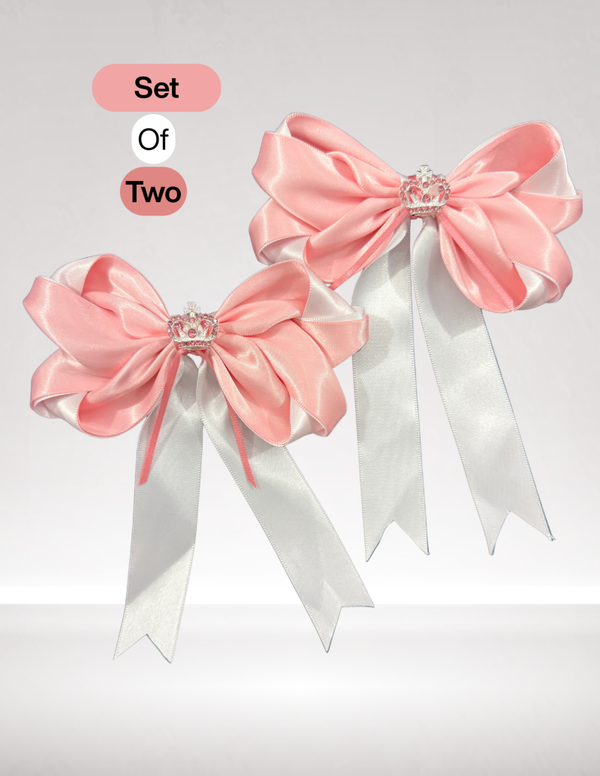 2Pcs Pink and White Satin Hair Bows with Rhinestone Crown Clips