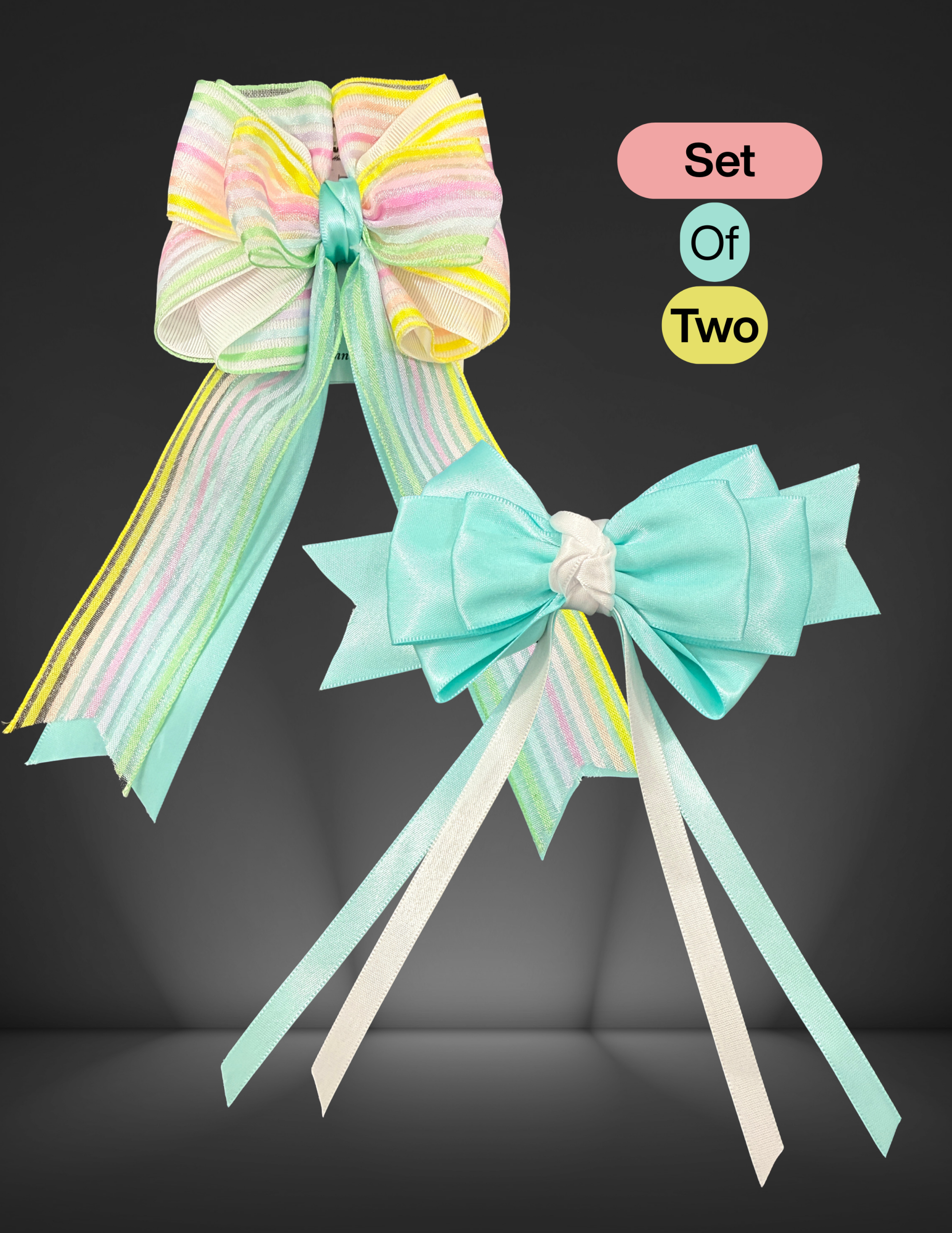 Pastel Ribbon Hair Bow Set (2 Pack) - Mint Green Satin & Rainbow Stripe
