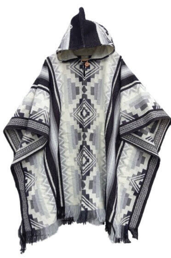 Hooded poncho with handmade geometric design, Unisex