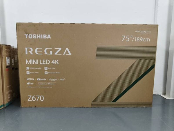 TOSHIBA 75" MINI LED 4K AI TV 144hz Model: 75Z670RP Display set