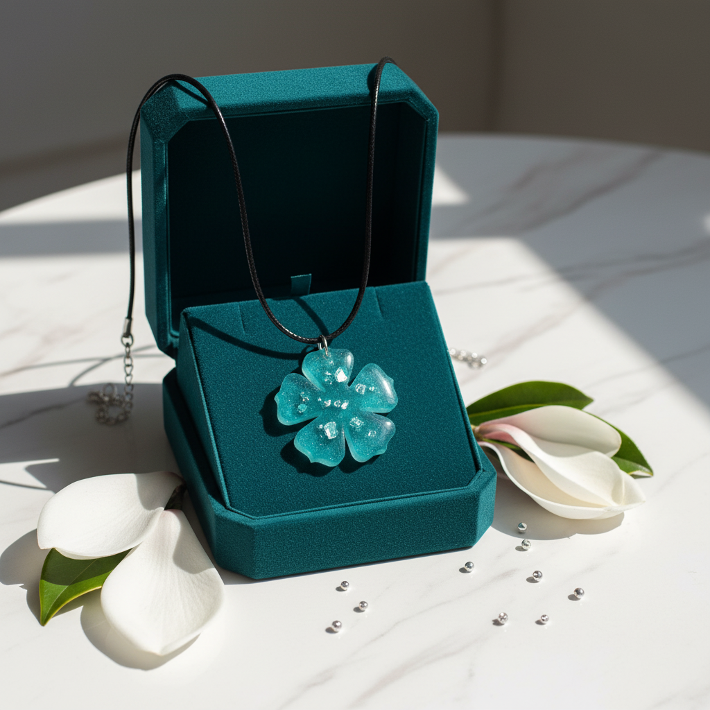 Collier Fleur verte – Bijou artisanal en résine – Cadeau original & élégant - REF 106