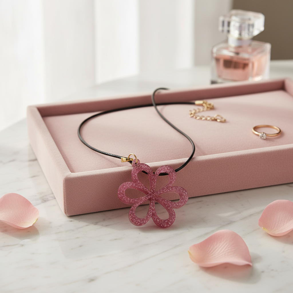Collier fleur rose - réf 107