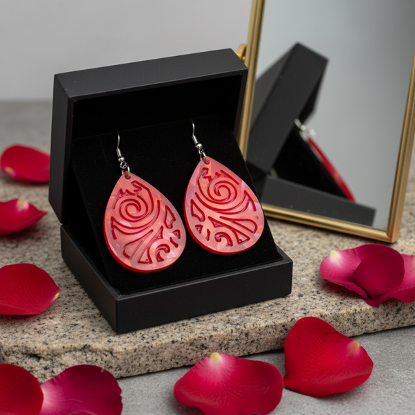 Boucles d’oreilles holographiques rouge – Goutte sculptée, look irisé - réf 147