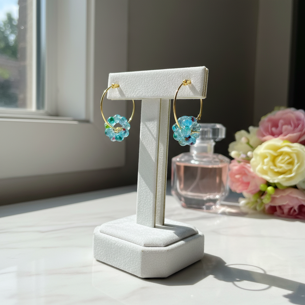 Boucles d’oreilles créoles dorées avec fleur en résine bleue – Bijou tendance fait main, léger et élégant- réf 199