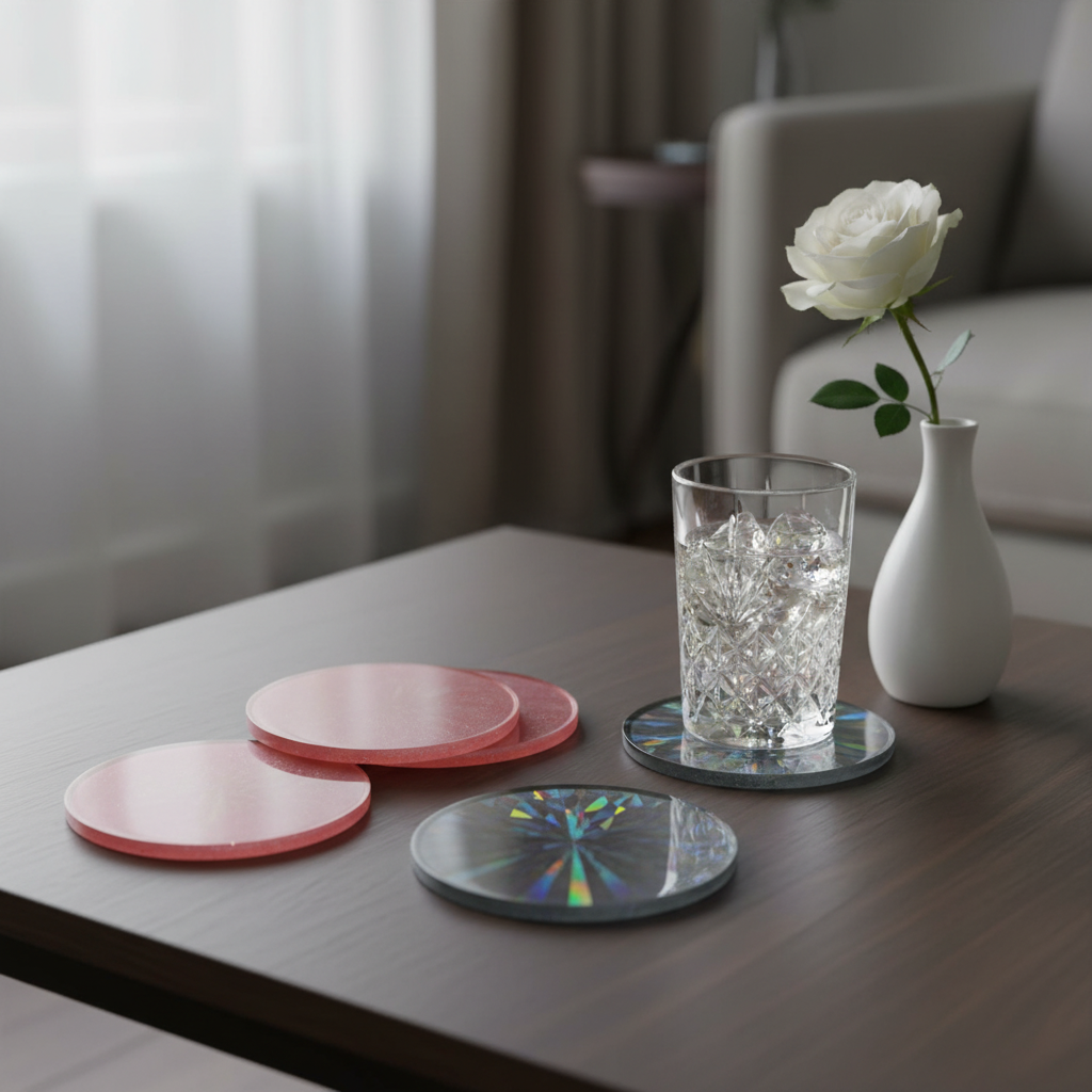 Lot de 4 Sous-verre holographique en résine – Gris & Rouge très pâle (réversible)- réf 212