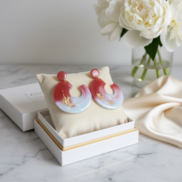 Boucles d’oreilles en résine – Design moderne, effet marbré rouge & blanc, touches dorées- réf 136