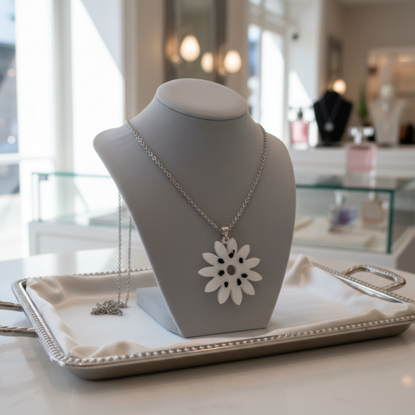 Collier fleur en résine pailletée avec incrustation de verre noir – Bijou artisanal unique -Réf -133