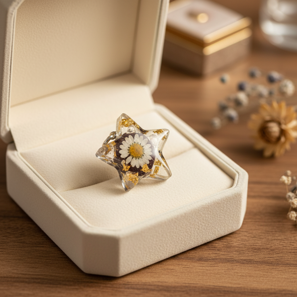 💍 Bague en Résine Artisanale – Fleur Naturelle Incrustée & Feuilles d’Or   - réf 138