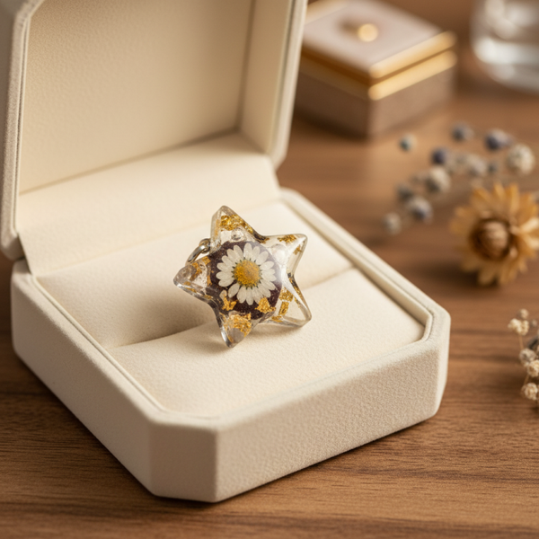 💍 Bague en Résine Artisanale – Fleur Naturelle Incrustée & Feuilles d’Or   - réf 138