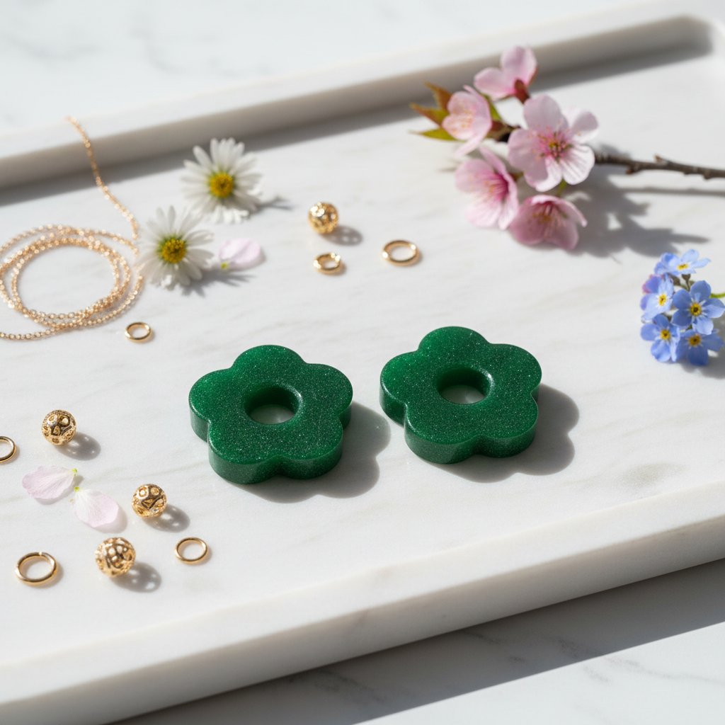 Pampilles Boucles d’Oreilles en Résine Vert Pailleté – Forme Fleur – Création Artisanale- réf 201