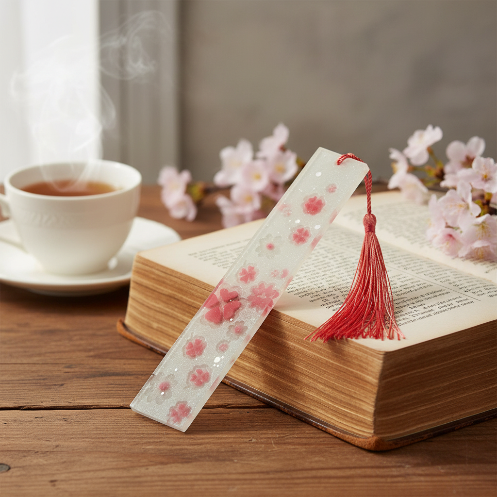 Marque-Page en Résine Fleurs – Pompon Rose | Fait Main - réf 154