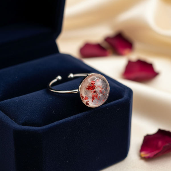 Bague en résine artisanale avec paillettes rouges – Bijou unique fait main - réf 257