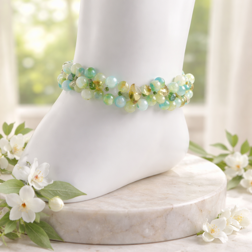 Bracelet élastique  vert d’eau & jaune, quelques chips de Pierres naturelles, fait main - réf 264