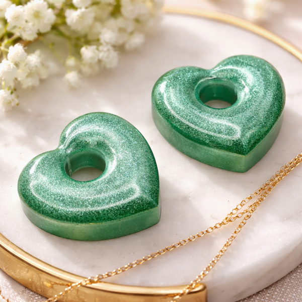 Boucles d’oreilles cœur vert pailleté – Papilles - réf 265