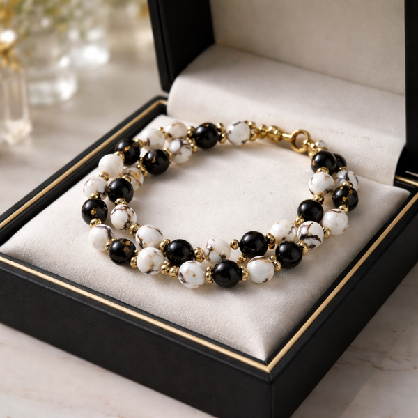 Bracelet perles noir et blanc – 16 cm – Création artisanale   - réf 273