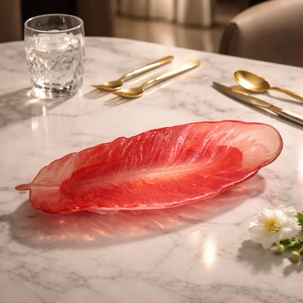 Vide-poche Feuille – Résine Rouge Pailletée (≈ 23 cm) - réf 284