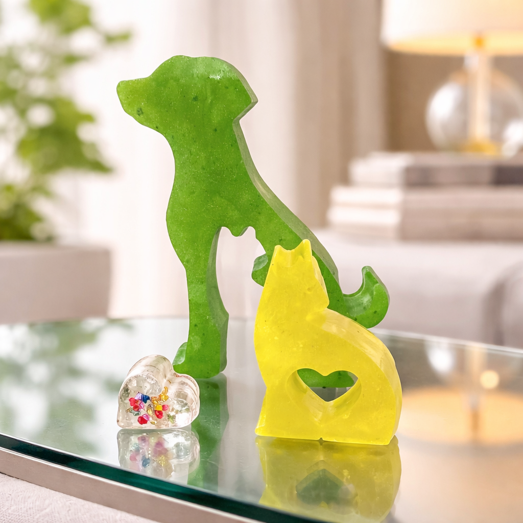 Statue Chien & Chat – Résine Vert et Jaune - réf 290