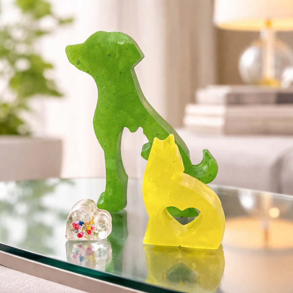 Statue Chien & Chat – Résine Vert et Jaune - réf 290