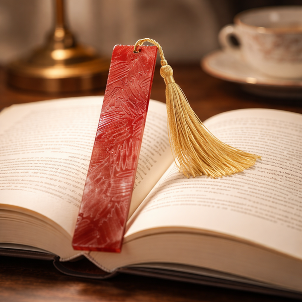 Marque-page artisanal rouge avec pompon doré - réf 295