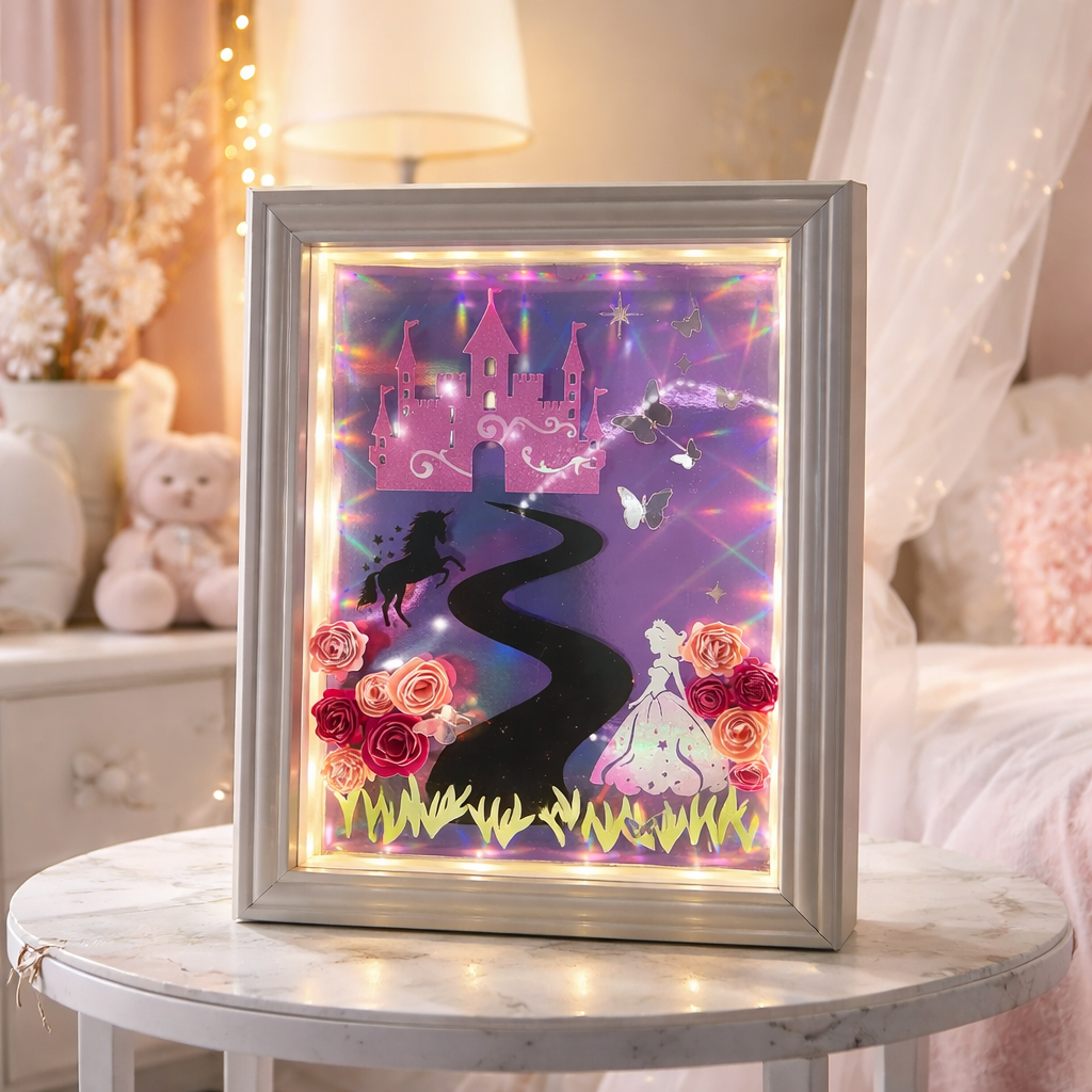 Cadre lumineux féérique – Château, licorne & princesse