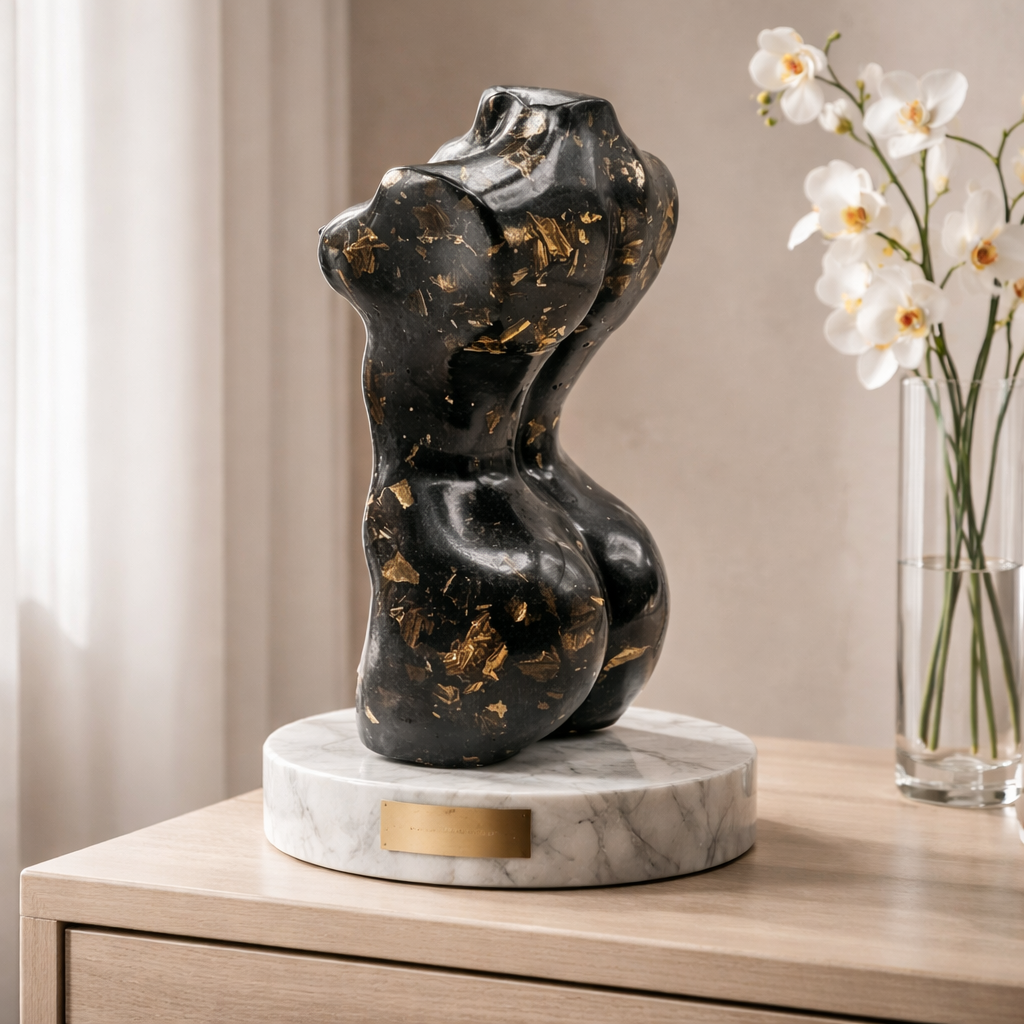 Sculpture Corps Féminin Noir & Feuilles Dorées - réf 310