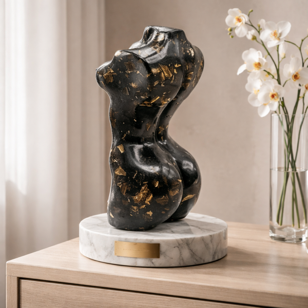 Sculpture Corps Féminin Noir & Feuilles Dorées - réf 310