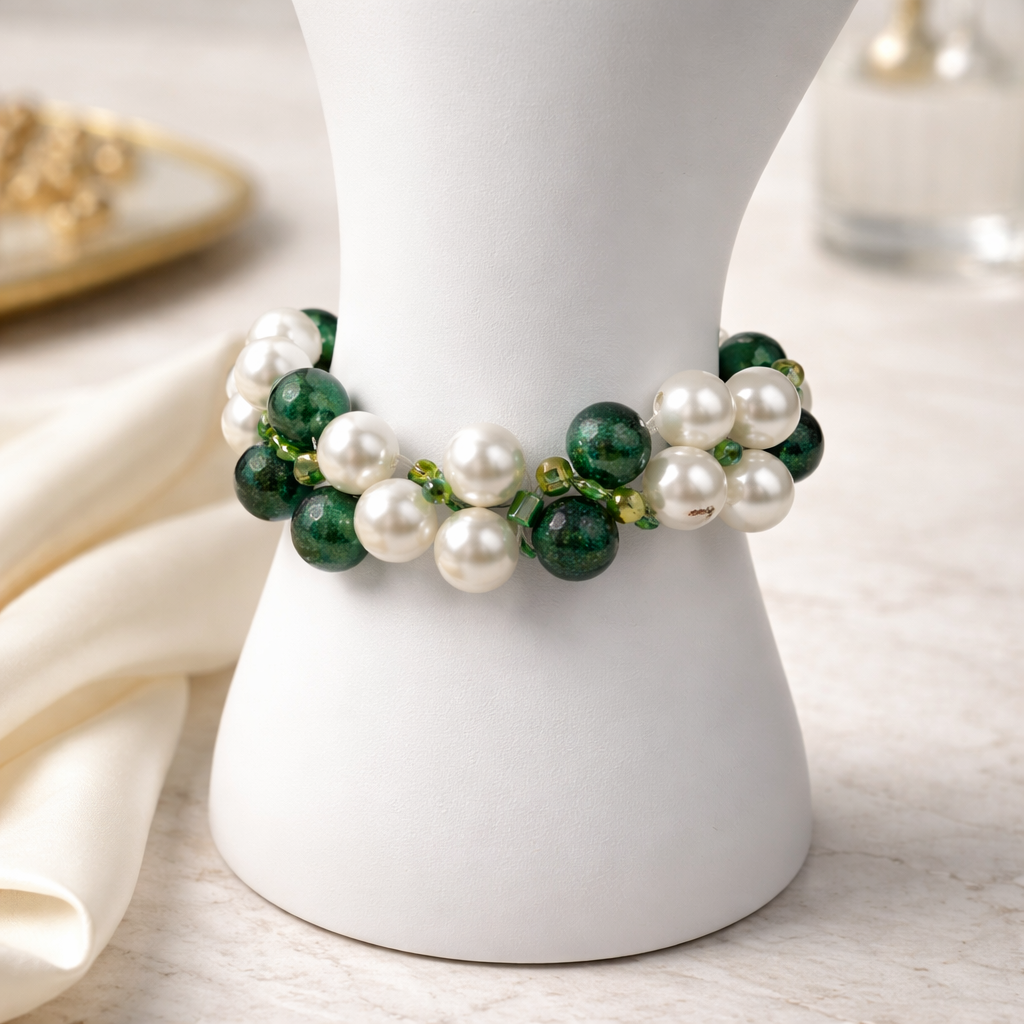 Bracelet perles élastique – Vert & Blanc -