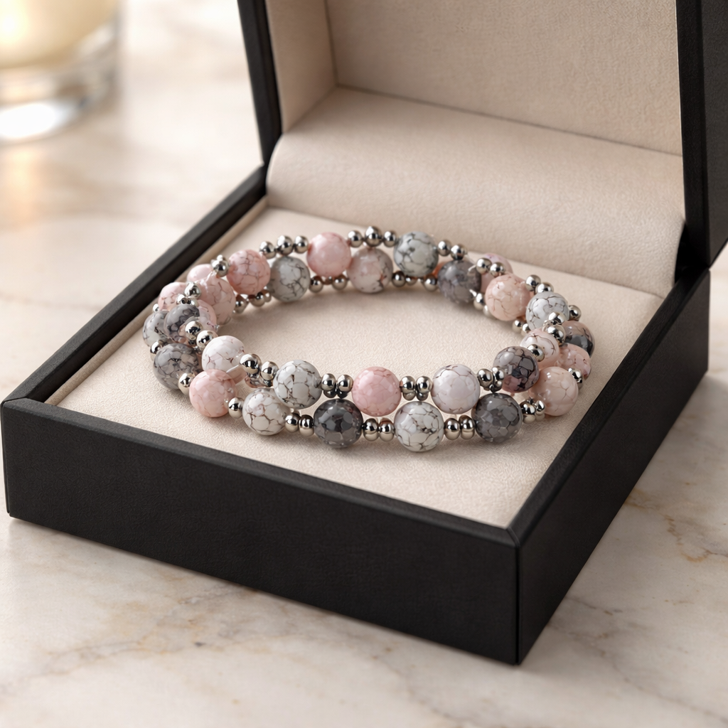 Bracelet perles élastique – Tons rose, gris & argenté - réf 322