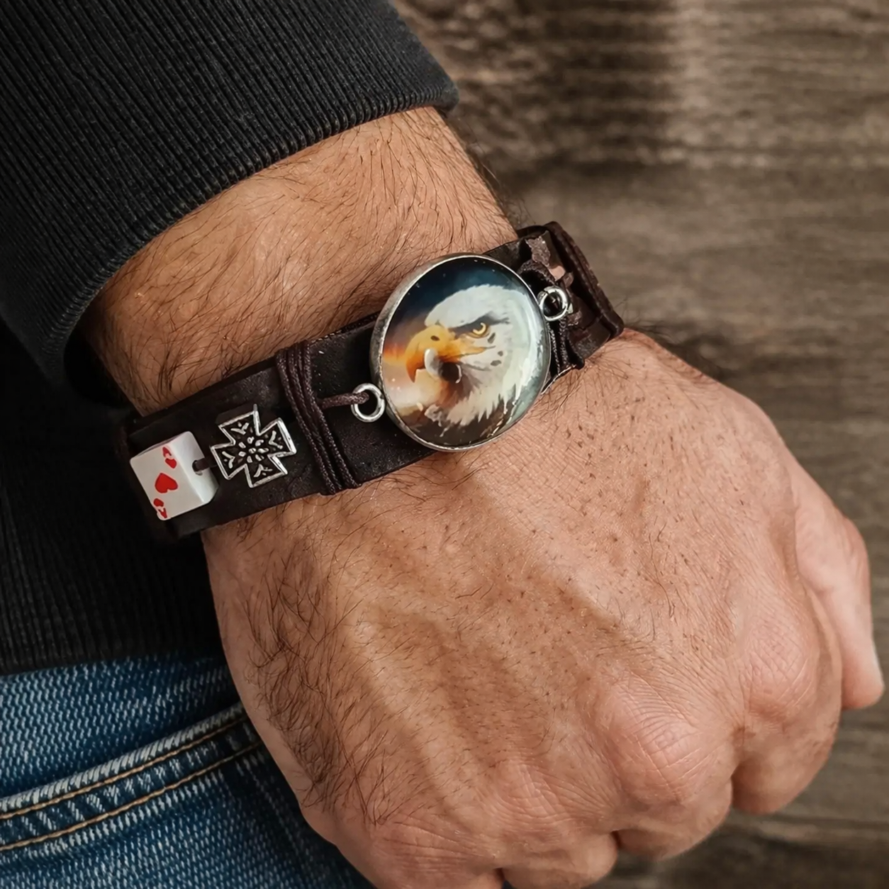 Bracelet tête aigle, croix de Malte et carte 15 mm