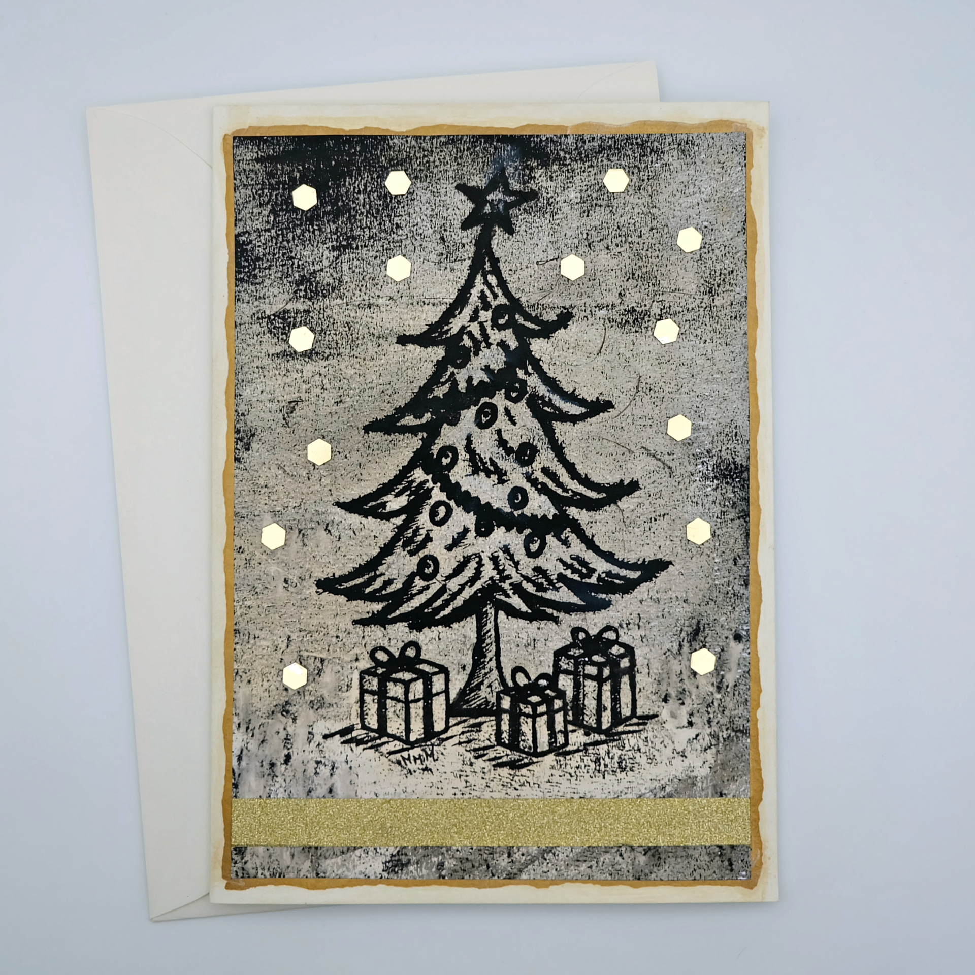 Weihnachtskarte "Weihnachtsbaum", handgemalt (gold)