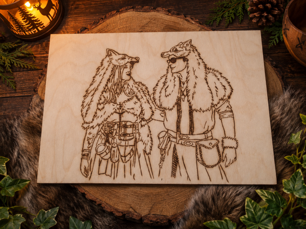 Duo de guerriers aux capes de loup – Gravure sur bois A4