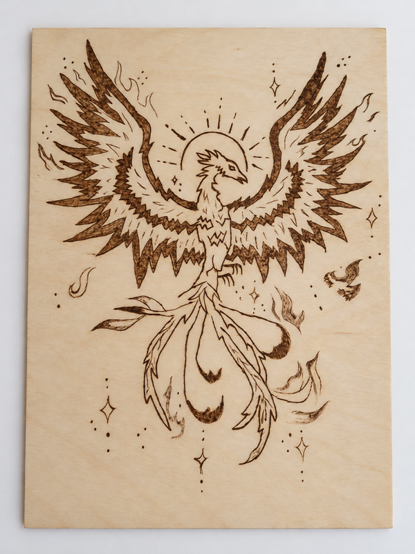 Phénix – Pyrogravure sur bois