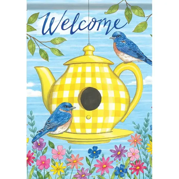 Tea Pot and Blue Birds Garden Flag (Durasoft)