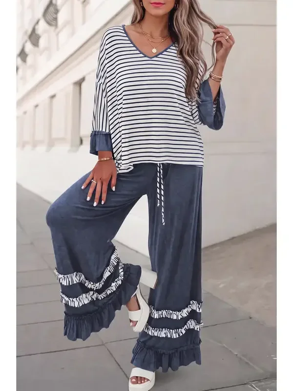 Stripe Print Ruffle Contrast 2Pcs Pants Set