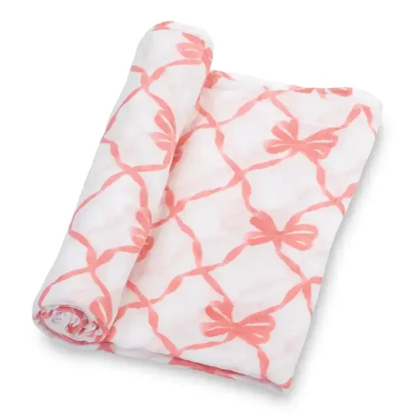 Baby Muslin Swaddle Blanket 47x47 PRETTY PINK BOW