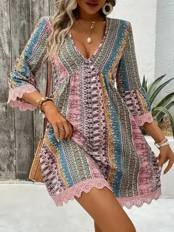 Bohemian Chic V-Neck Striped Print Lace Trim Dress