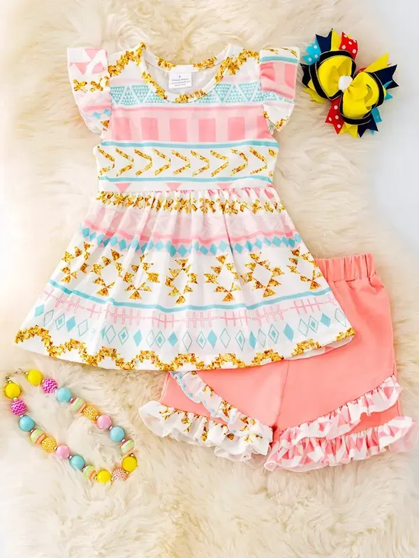 Geometric Tunic and Ruffle Shorts Set