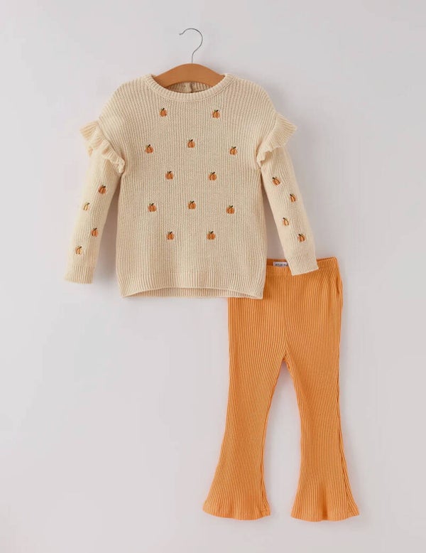 Fall Embroidered Sweater and Bell Bottom Pants