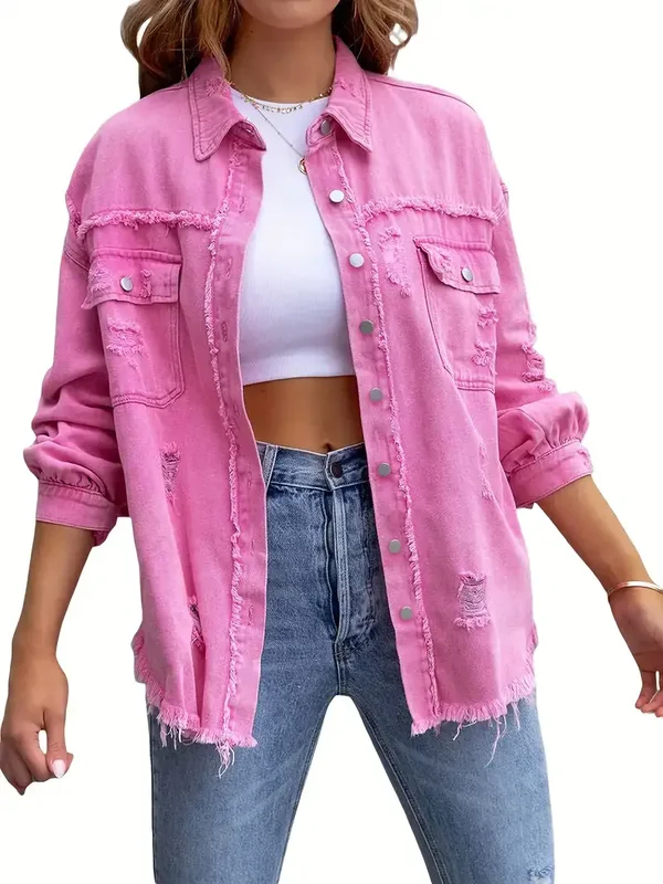 Womens Pink Mid Length Denim Jacket Shirt