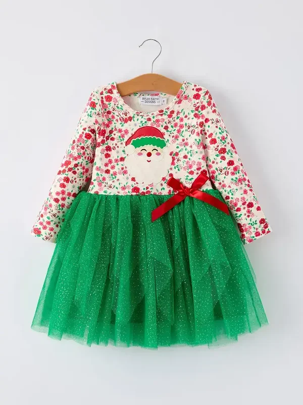 Christmas Santa Applique Floral Long Sleeve Ruffle with Bows/Girls
