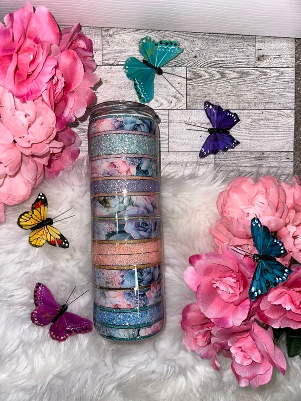 30oz Succulent and Glitter Striped Tumbler