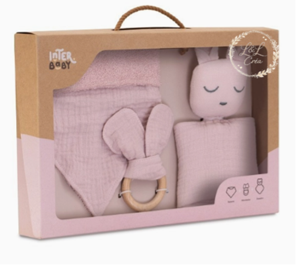 Coffret doudou, bandana et anneau de dentition en mousseline Interbaby