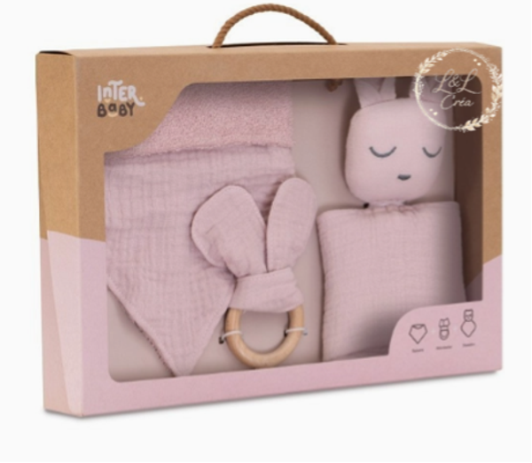Coffret doudou, bandana et anneau de dentition en mousseline Interbaby