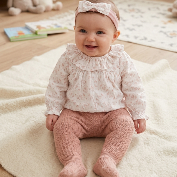 Baby Girls Knitted Blouse, Footed Trousers & Headband