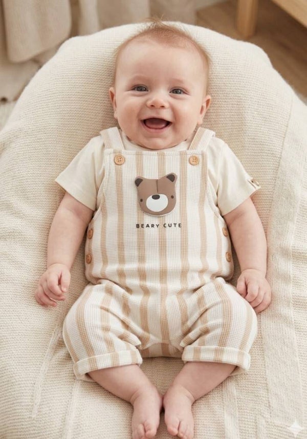 Cream Dungaree & T Shirt Set