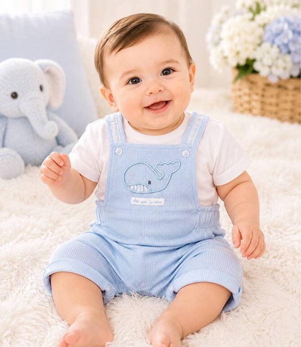 Blue Waffle Dungaree & T Shirt Set