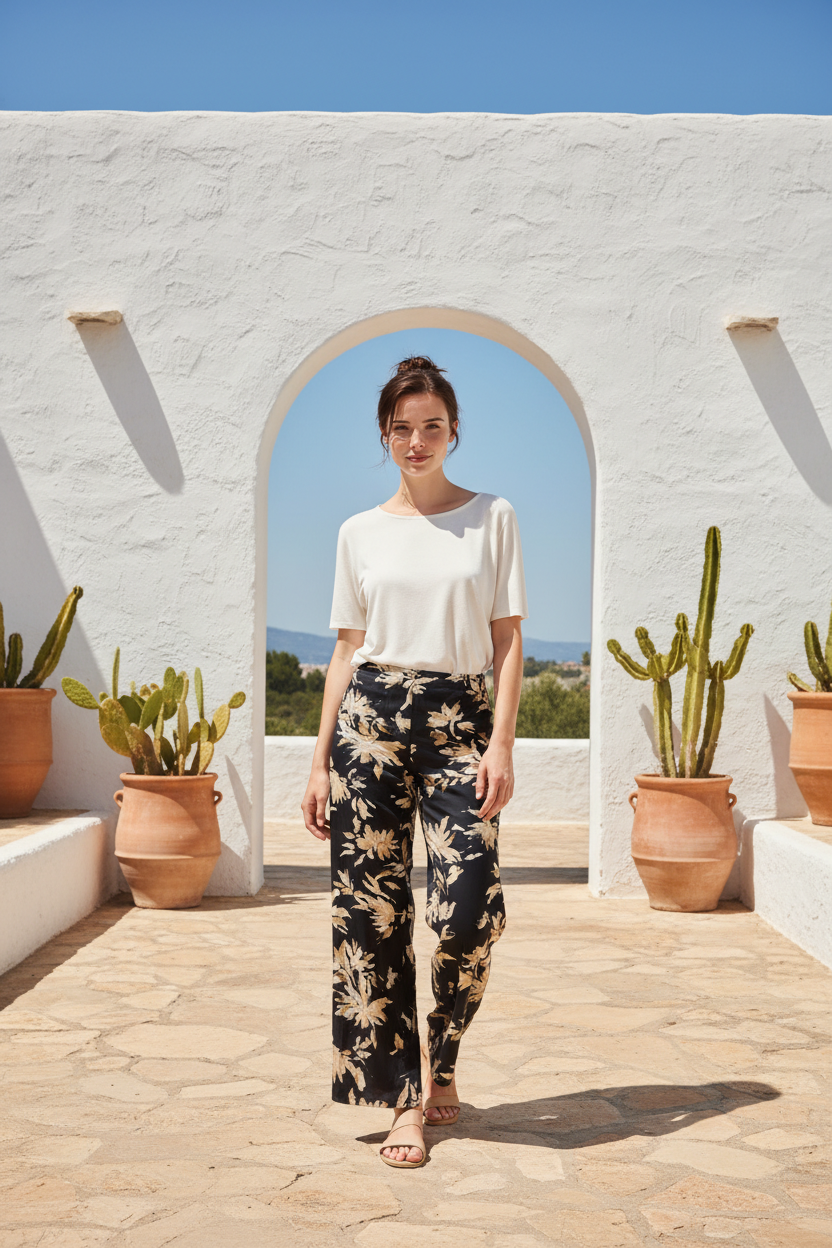 Pantalon Tamaris neuf, motif floral noir et beige