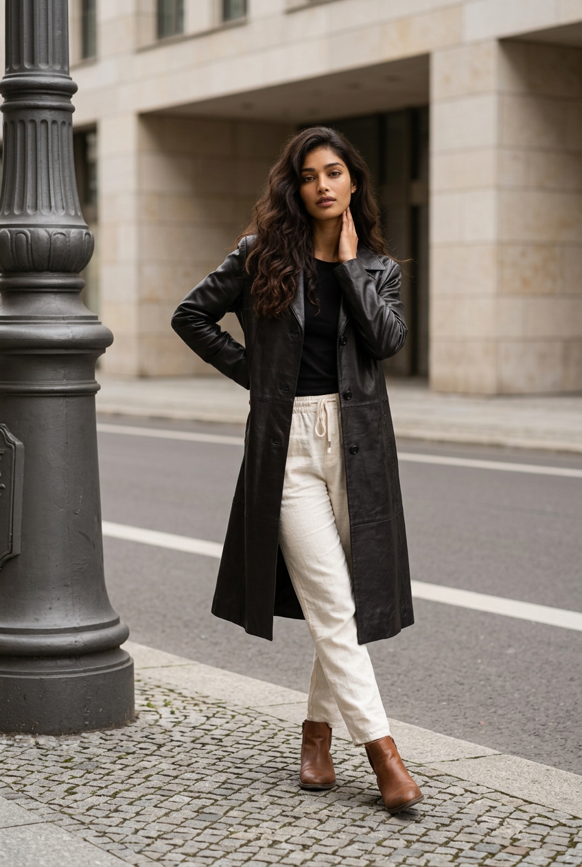 LEONARDO Manteau long en cuir véritable